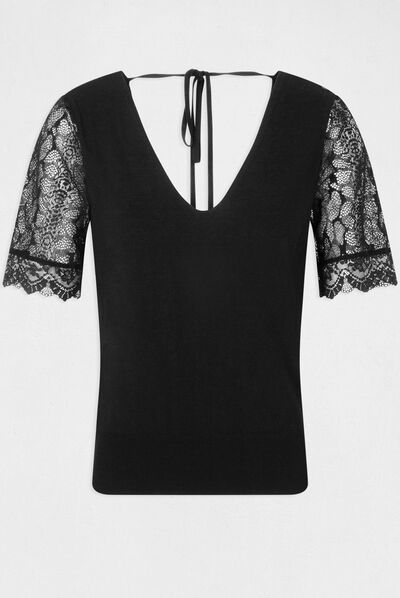 Pull manches courtes avec dentelle noir femme