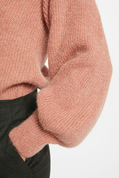 Pull manches longues à col en V rose pale femme