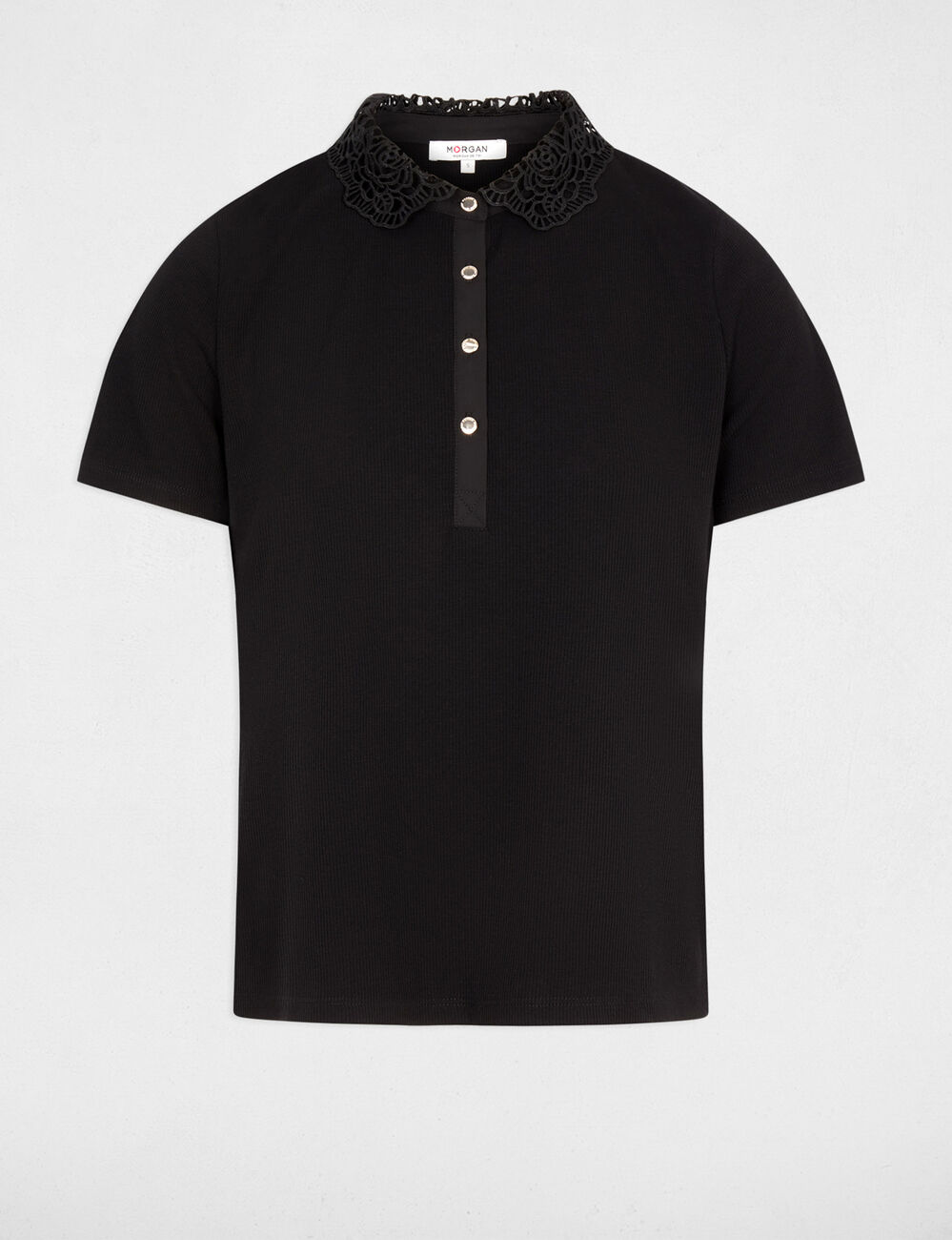 Maille l&eacute;g&egrave;re col dentelle noir femme