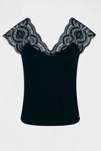 T-shirt manches courtes à dentelle marine femme