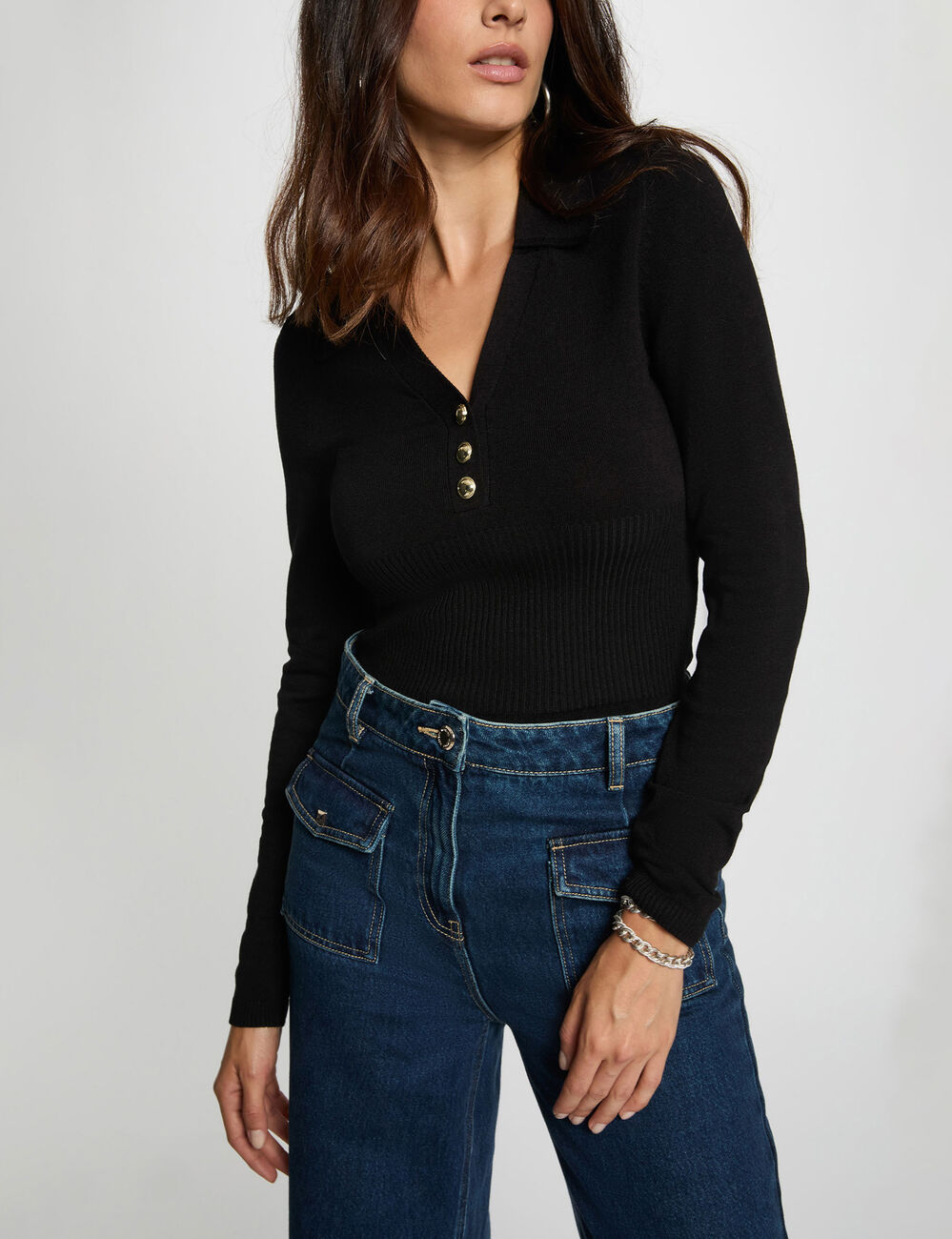 Pull ajust&eacute; col polo noir femme
