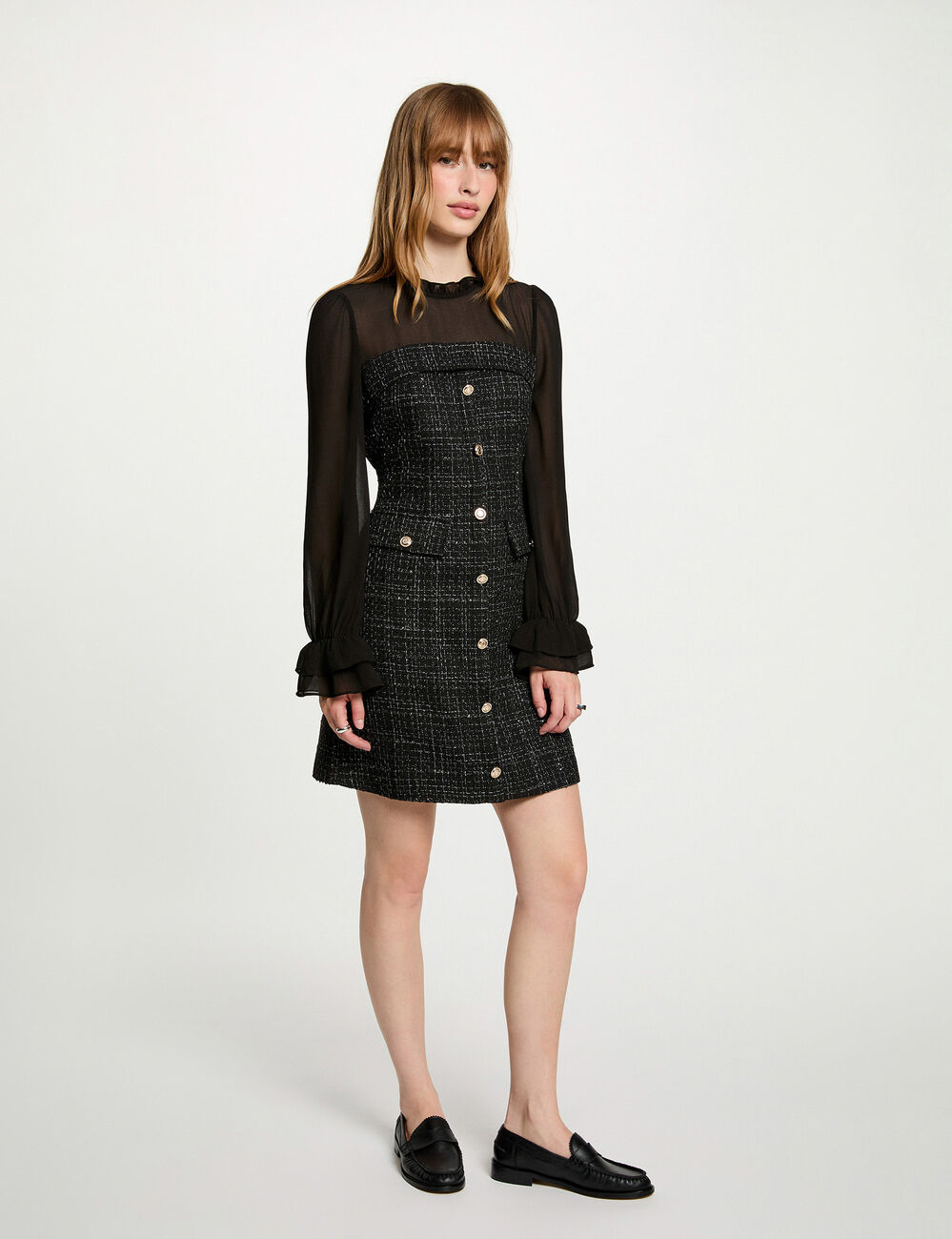 Robe tweed manches longues noir femme