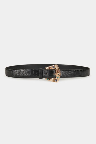 Ceinture avec boucle détails bijoux noir femme