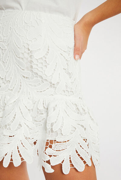 Jupe courte à dentelle ecru femme