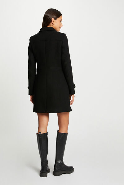 Manteau droit détails simili cuir noir femme