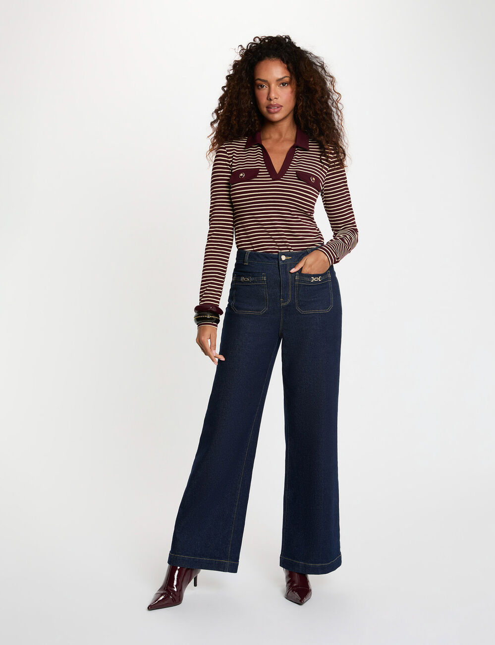 Polo manches longues ray&eacute; bordeaux femme
