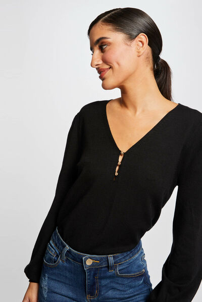 Pull manches longues à col en V noir femme