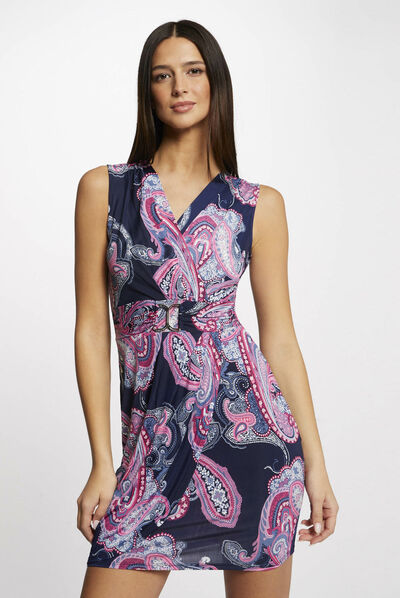 Robe ajustée drapée imprimé cachemire marine femme