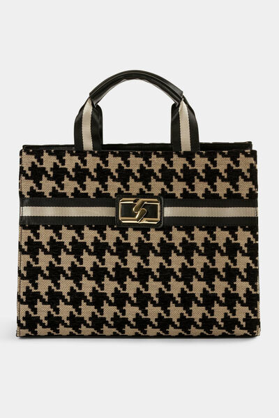 Sac cabas imprimé pied de coq marron femme