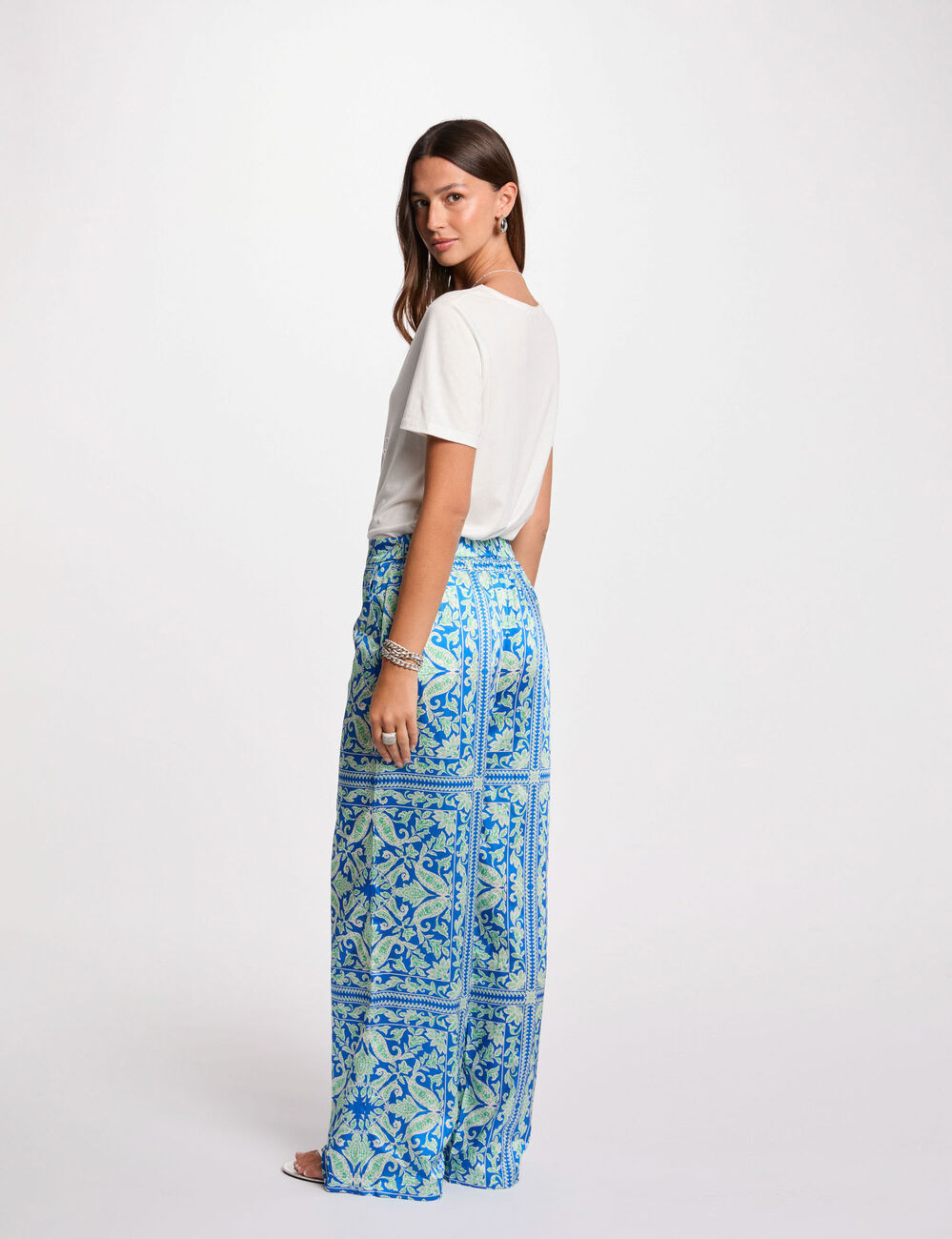 Pantalon large imprim&eacute; multicolore femme