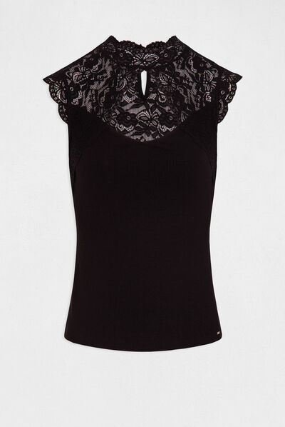 T-shirt sans manches à dentelle noir femme