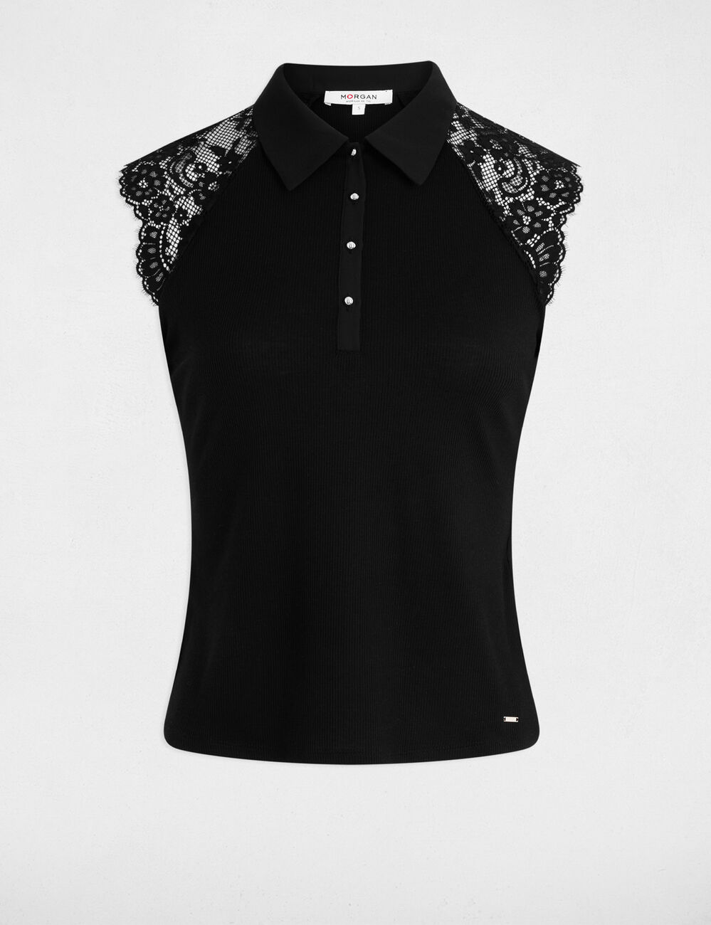 T-shirt dentelle col revers noir femme
