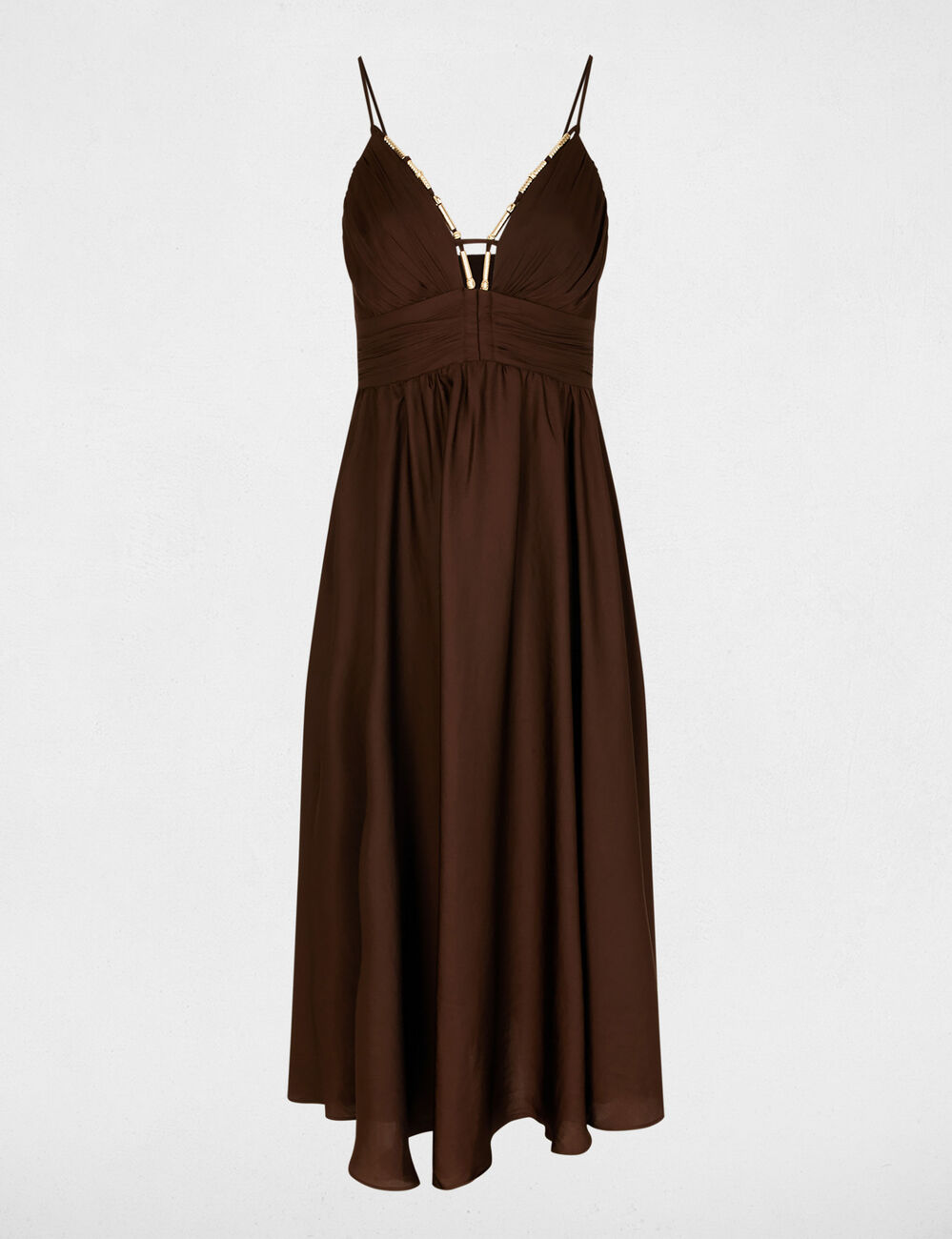 Robe longue col v marron fonc&eacute; femme