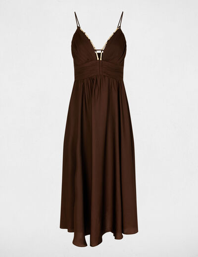 Robe longue col v marron fonc&eacute; femme