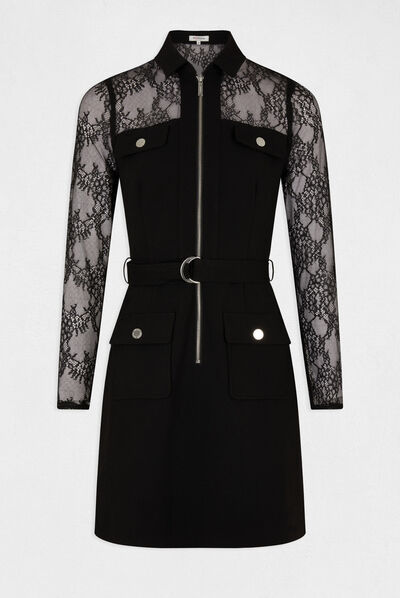 Robe ajustée zippée manches dentelle noir femme