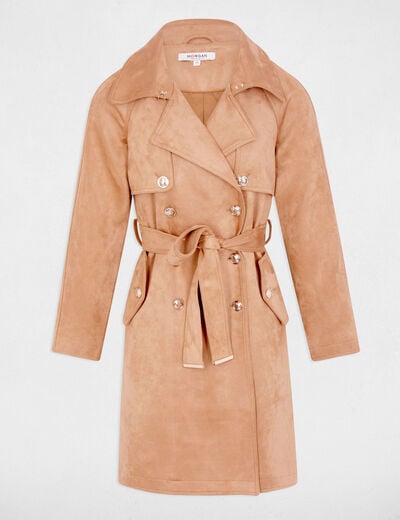 Trench long su&eacute;dine marron clair femme