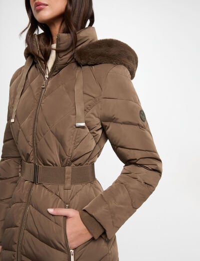 Doudoune longue capuche vert kaki femme