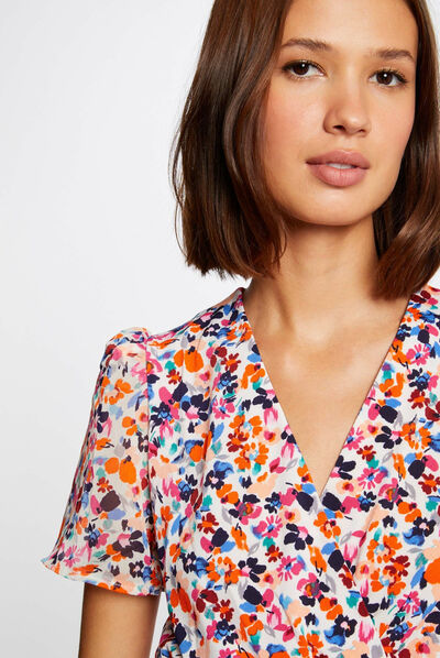 T-shirt manches courtes imprimé floral ecru femme