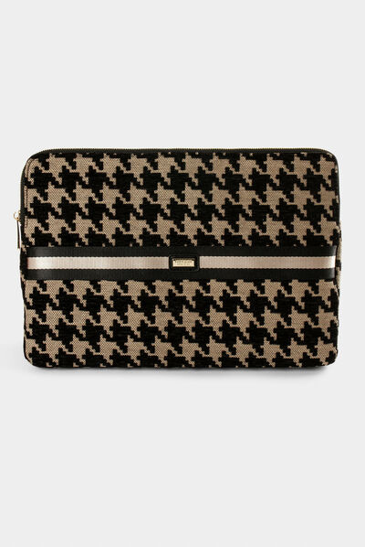 Pochette ordinateur imprimé pied de coq marron femme