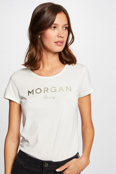 T-shirt manches courtes à inscription ecru femme
