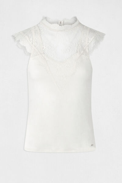 T-shirt manches courtes à dentelle ecru moyen femme