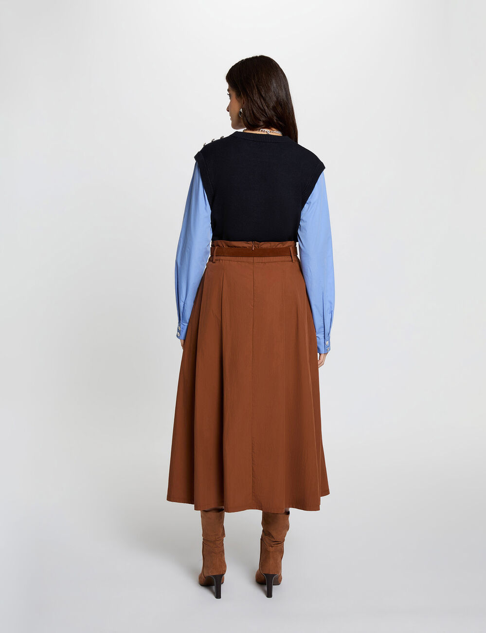 Jupe longue pliss&eacute;e marron cognac femme