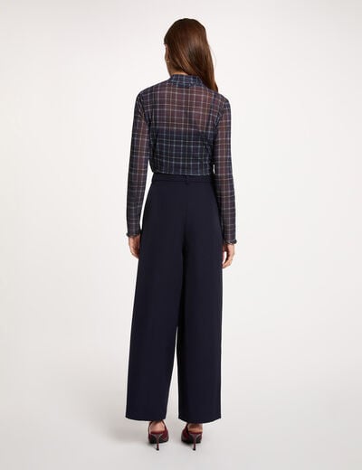 Pantalon large taille haute bleu marine femme