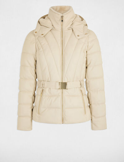 Doudoune Courte Femme Morgan Faux Cuir Ivoire - Capuche Amovible Et Ceinture