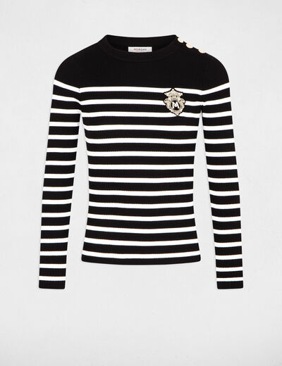 Pull manches longues à rayures noir femme