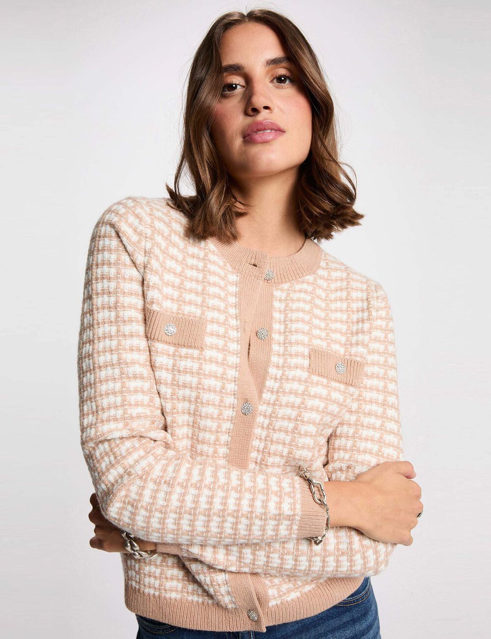 Gilet ajust&eacute; jacquard taupe femme