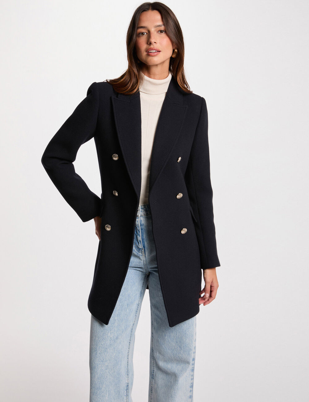 Manteau mi-long avec boutons bleu marine femme