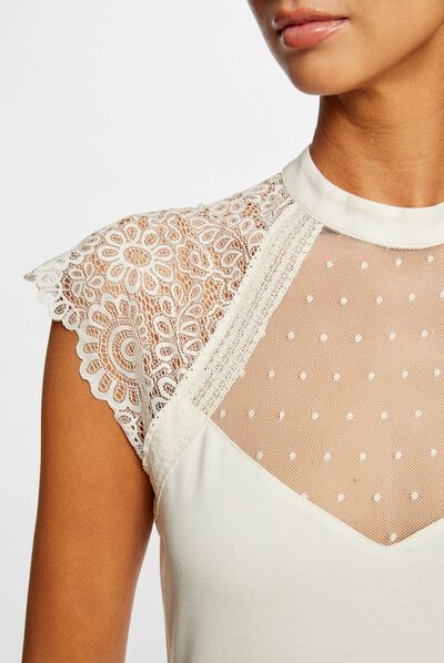 T-shirt manches courtes à dentelle ivoire femme
