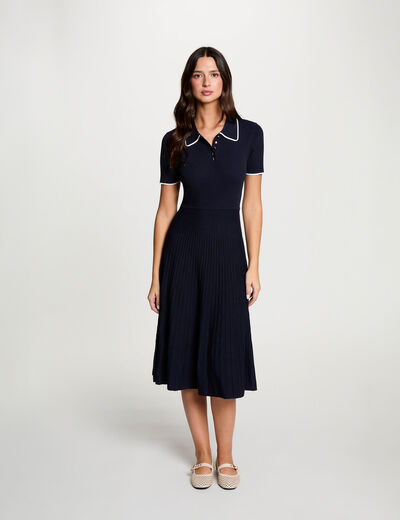 Robe tricot col &agrave; revers bleu marine femme