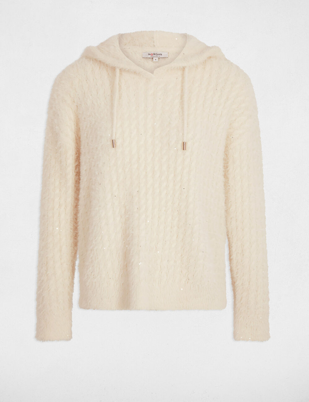 Pull &agrave; capuche sequins ivoire femme
