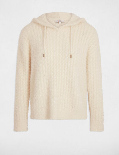 Pull &agrave; capuche sequins ivoire femme