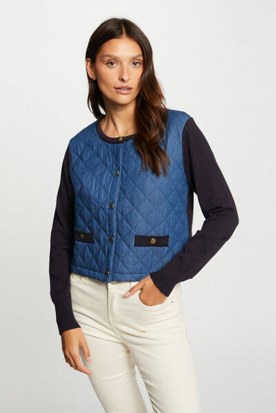 Gilet manches longues devant en jean marine femme