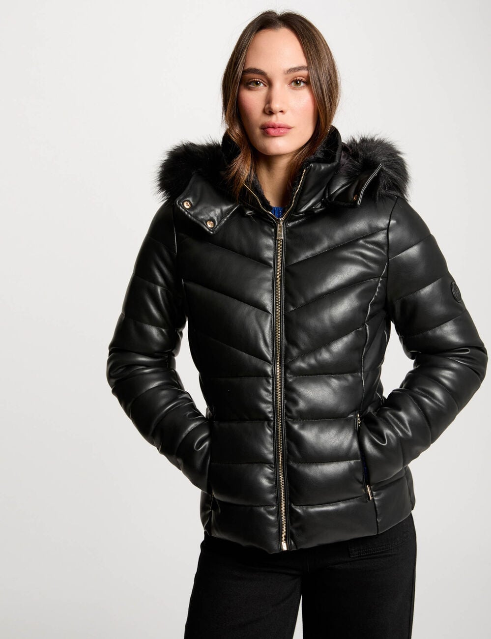 Doudoune similicuir cintr&eacute;e noir femme