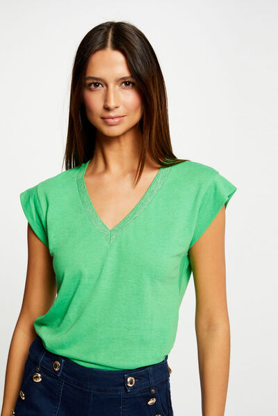 T-shirt manches courtes à col en V vert femme