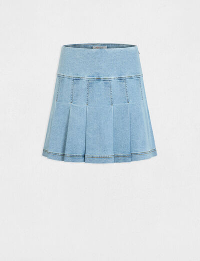 Jupe courte pliss&eacute;e denim stone femme