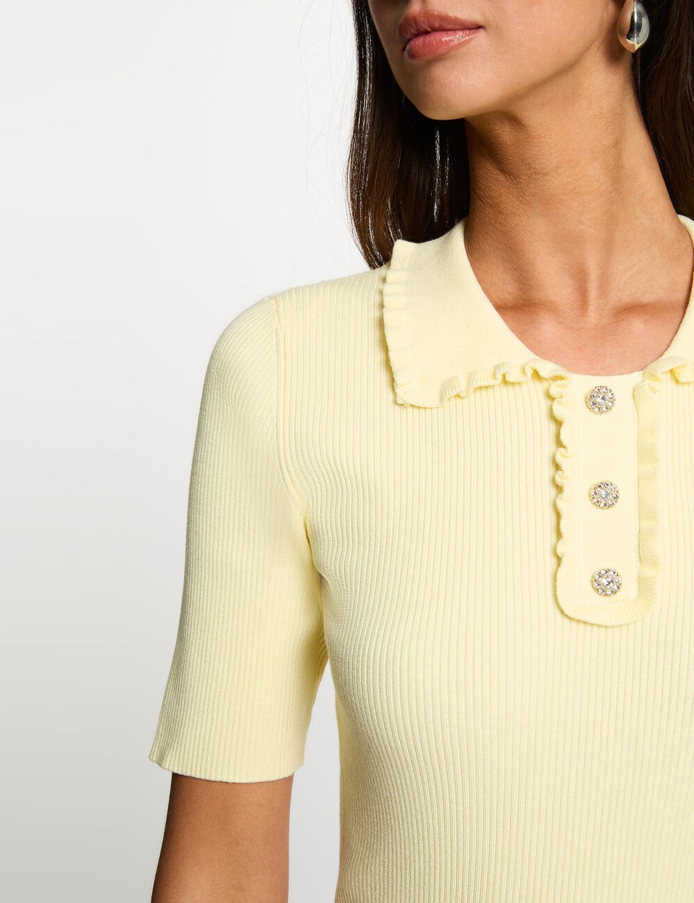 Pull col &agrave; revers jaune pastel femme
