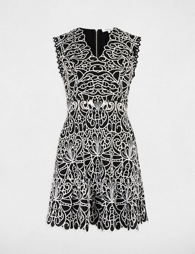 Robe courte trapèze brodée noir femme