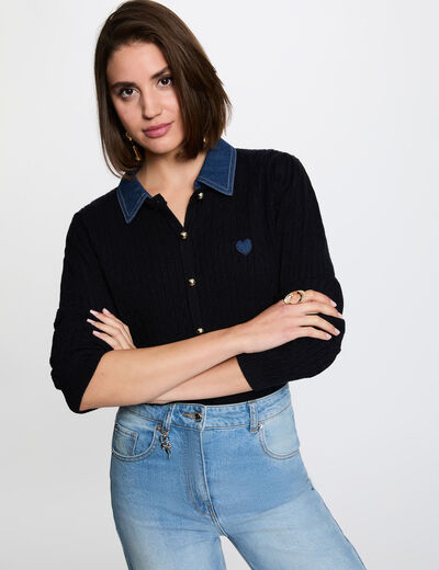 Pull col revers boutons bleu marine femme