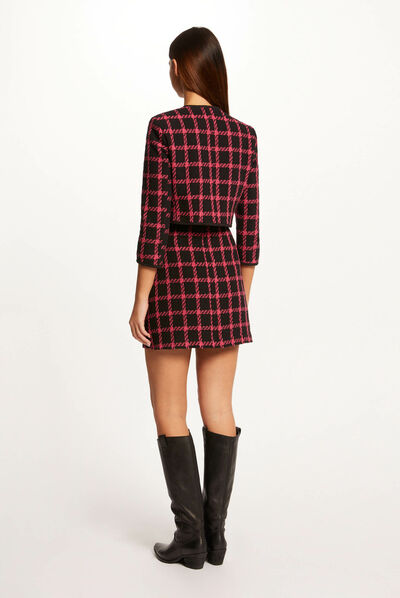 Veste droite col rond à carreaux noir femme