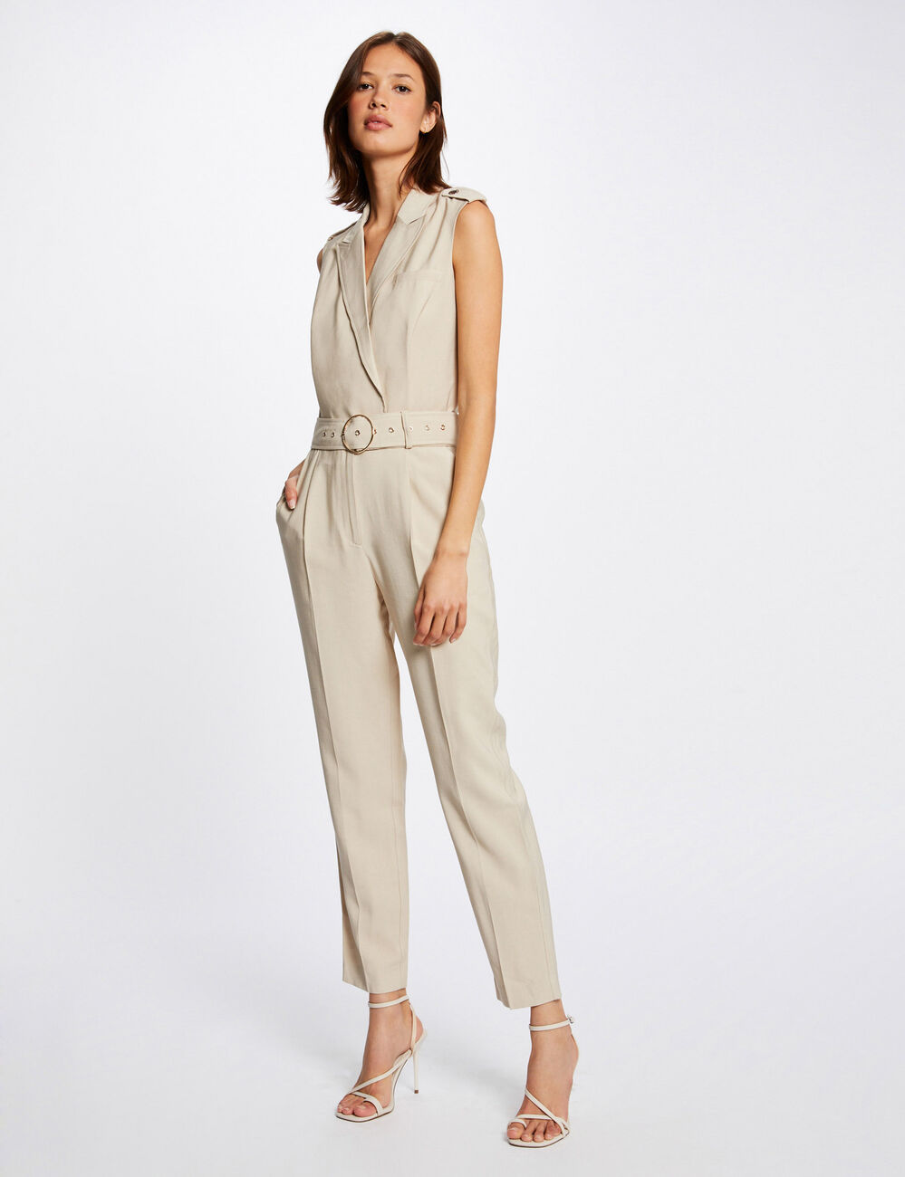 Combinaison droite ceinturée beige femme