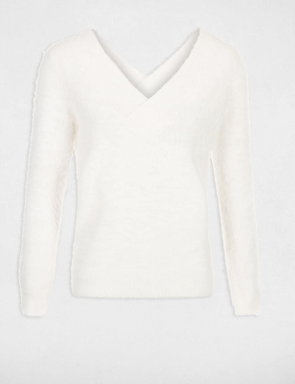Pull duveteux col V devant et dos ivoire femme