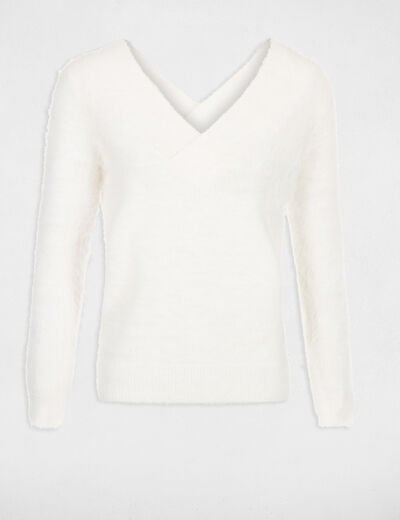 Pull duveteux col V devant et dos ivoire femme