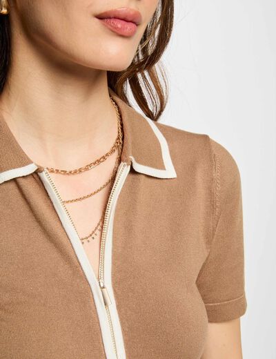 Pull col polo zippé sable femme