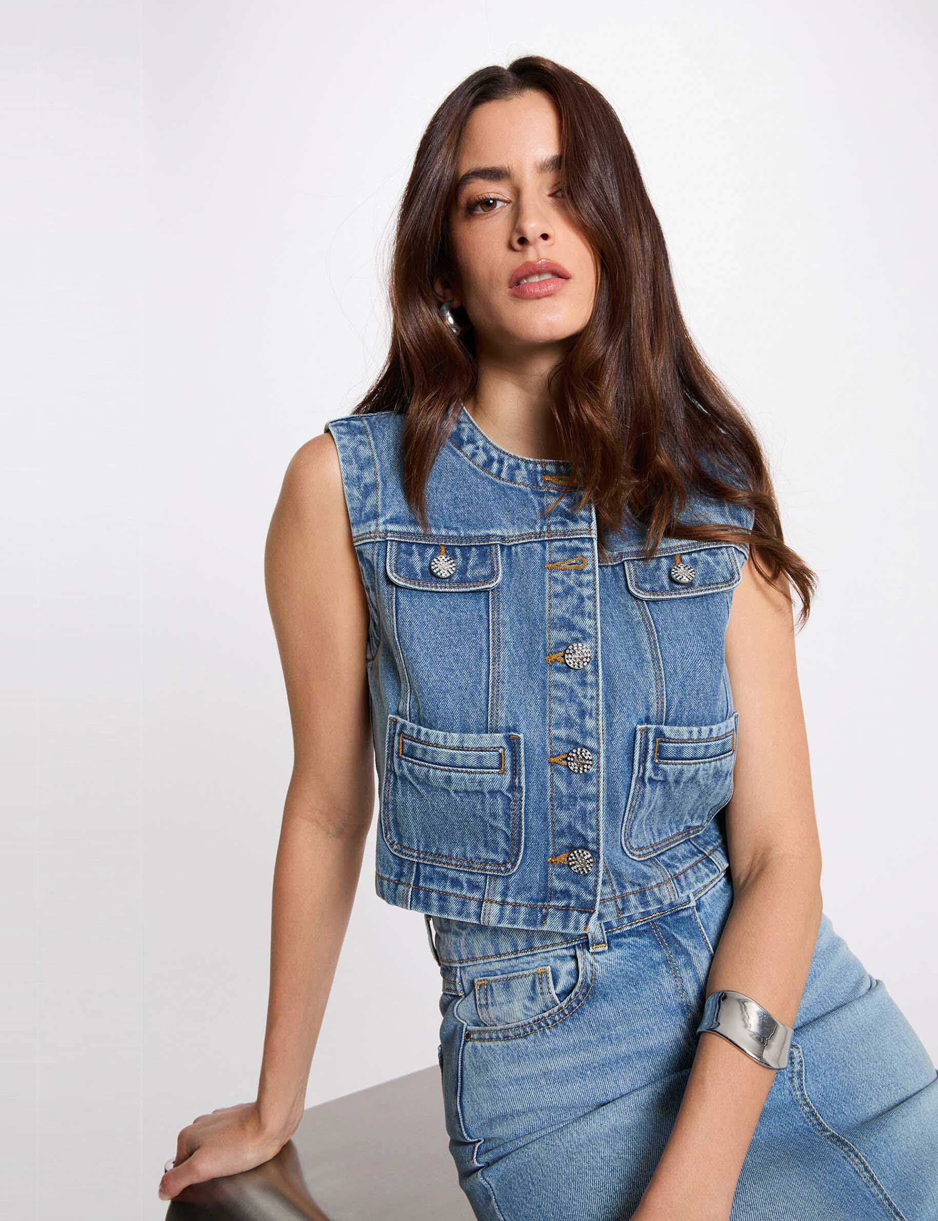 Veste jean sans manches stone femme