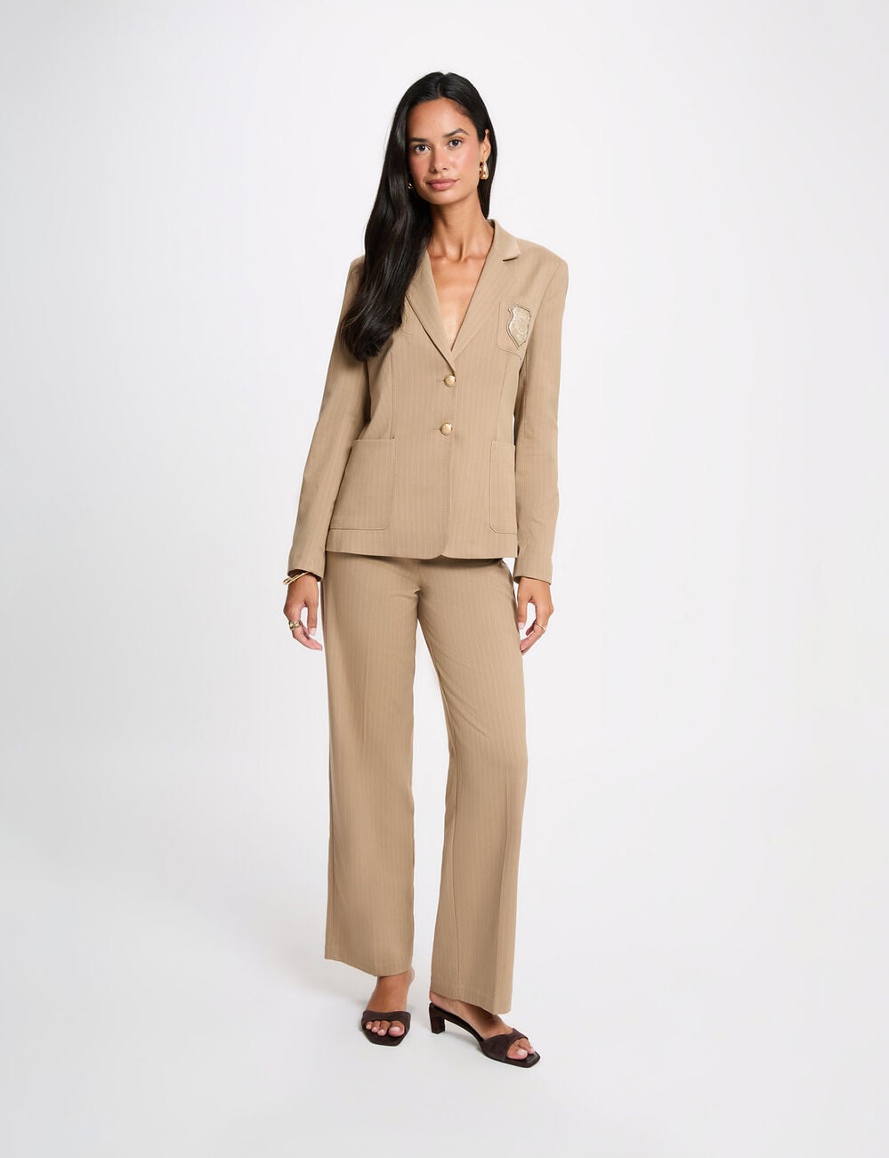Blazer droit &agrave; rayures taupe femme