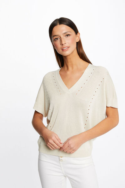 Pull manches courtes à col en V beige femme